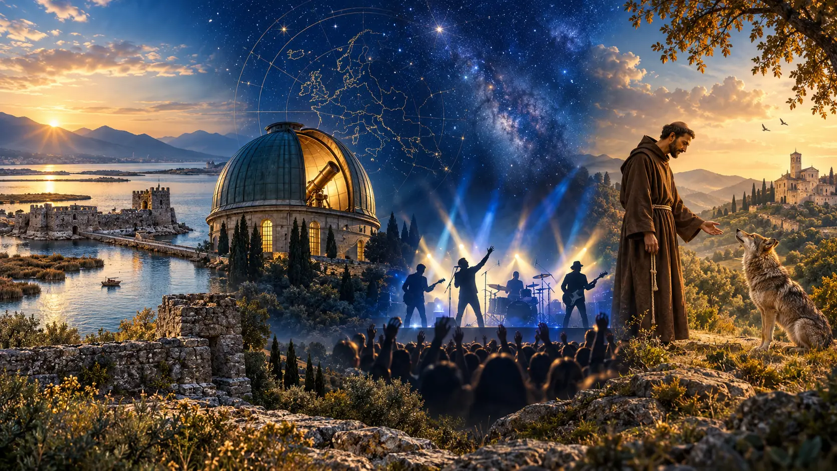Bannière réunissant les quatre thèmes des nouveautés 2 euros 2026 : Missolonghi, astronomie belge, rock irlandais et saint François d’Assise.